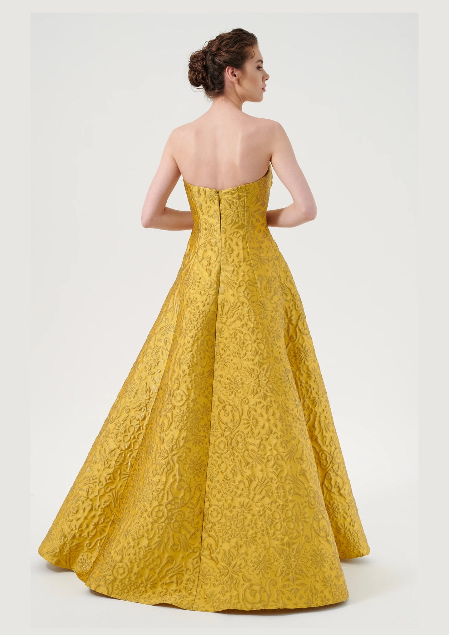 Strapless Textured Floral Print Jacquard Floor-Length Dress