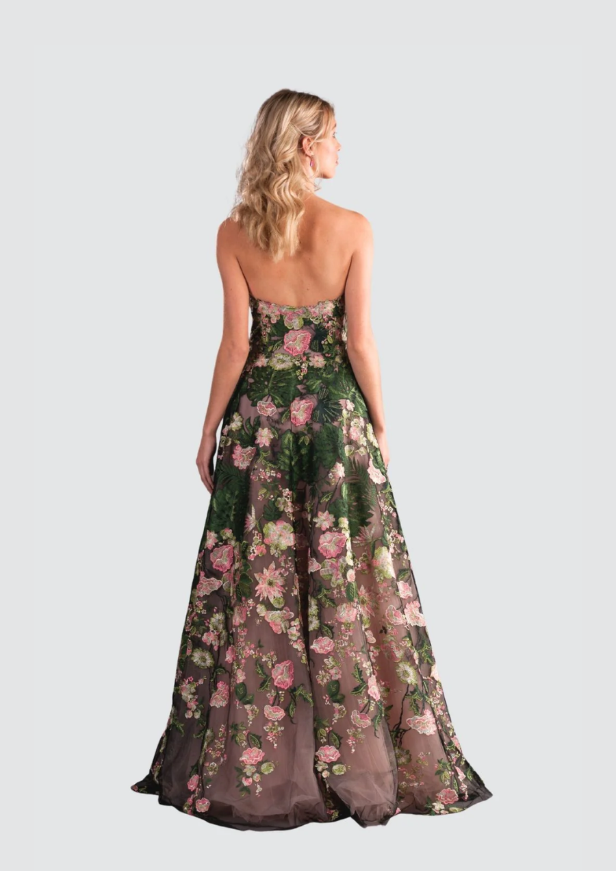 Elegant Strapless Floral Embroidered Gown - 4757