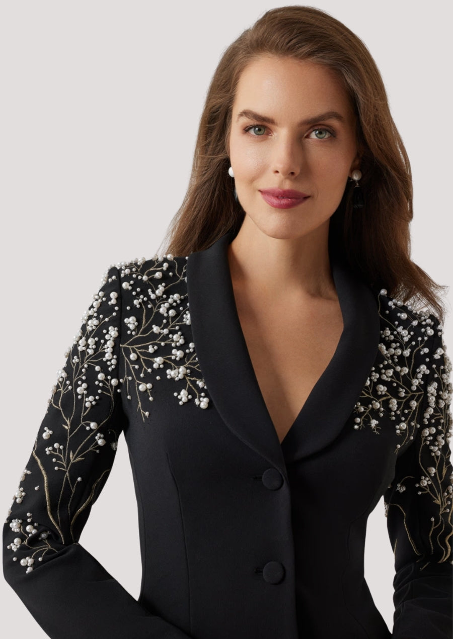 Crepe Pearl Floral Applique Blazer Dress