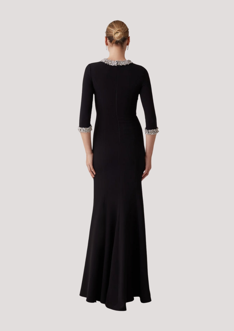 Crepe Elbow Sleeve Jewel Trim Gown