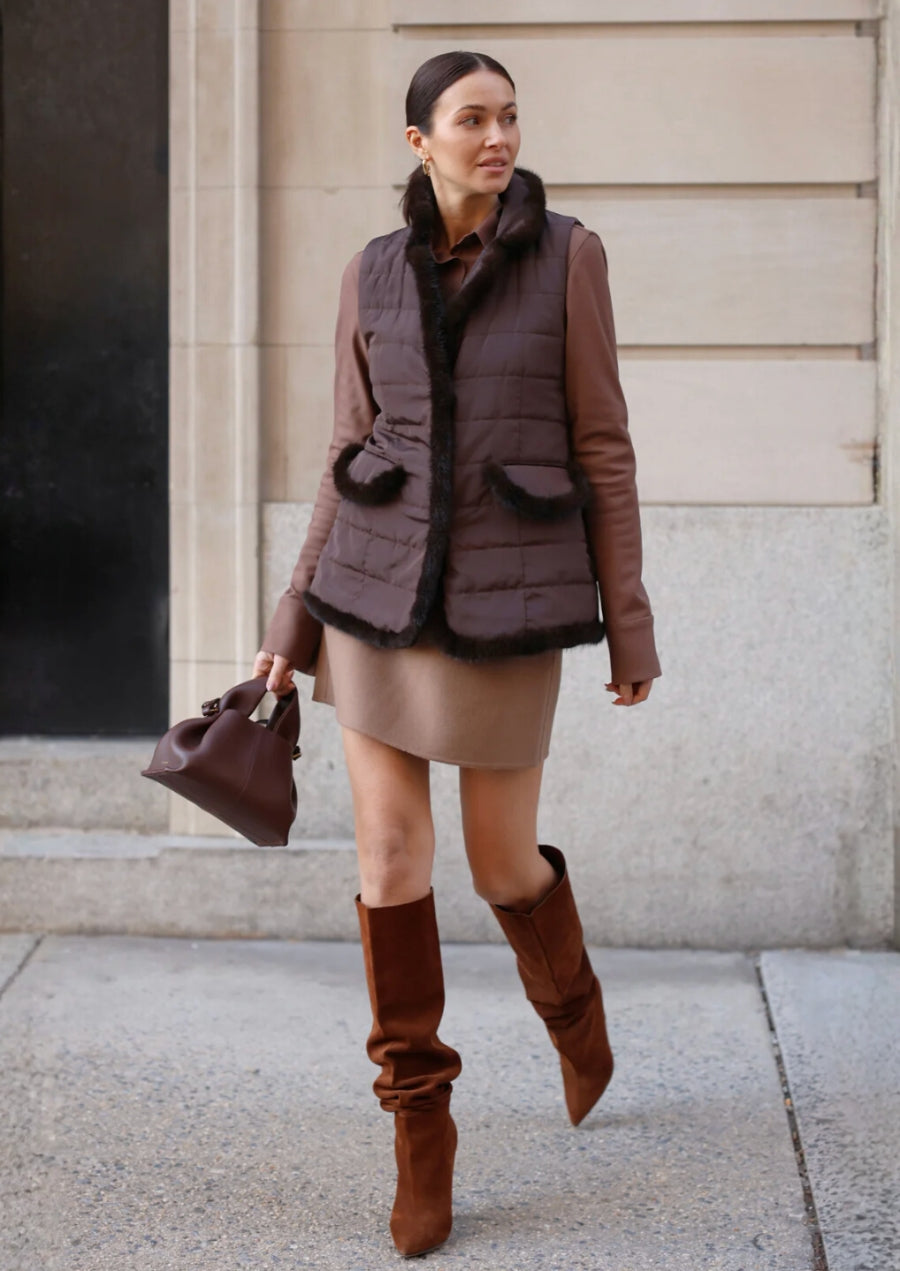 Quilted Vest with Mink in Chocolate
