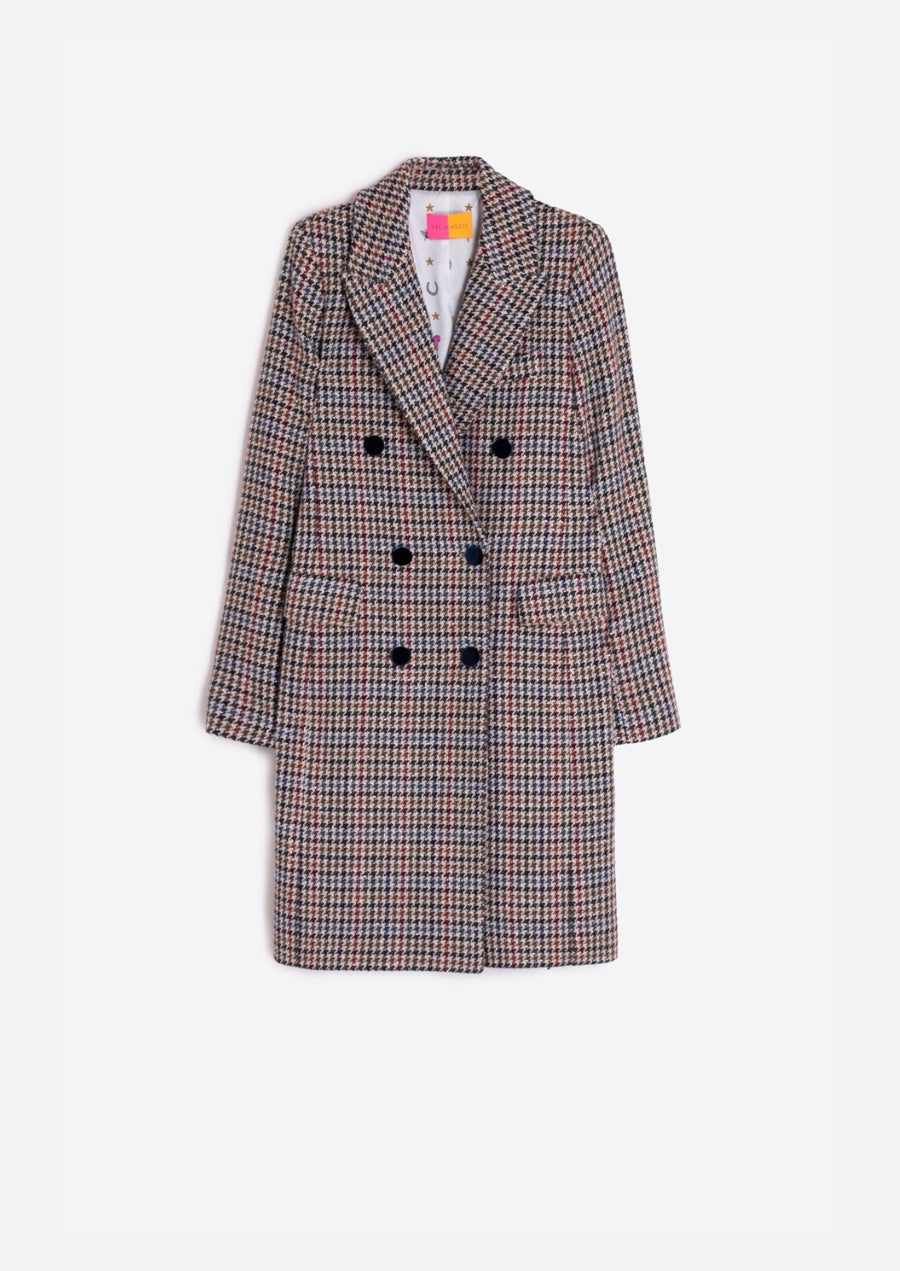 Houndstooth Wool Coat with Velvet Collar