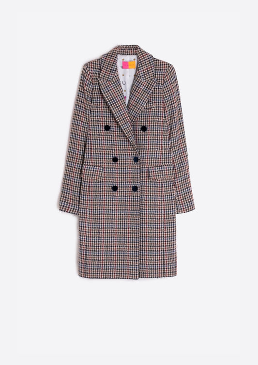 Houndstooth Wool Coat with Velvet Collar