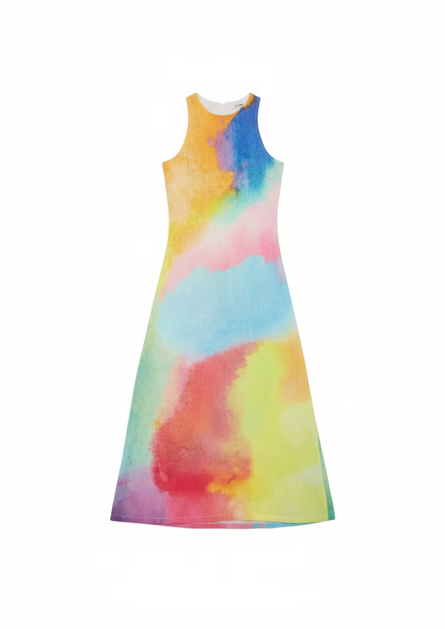 80601 Sleeveless Watercolor Print Midi Dress