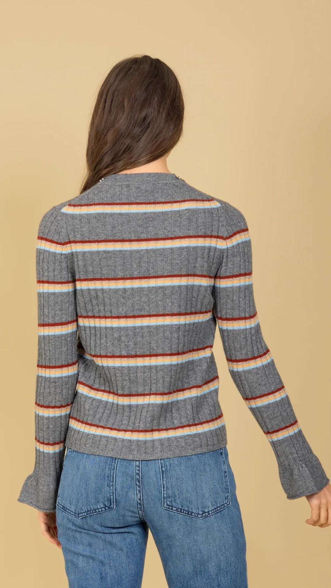 Cashmere Blended Stripe Ribbed Sweater with Pearl and Sequin Beaded Neck Trim