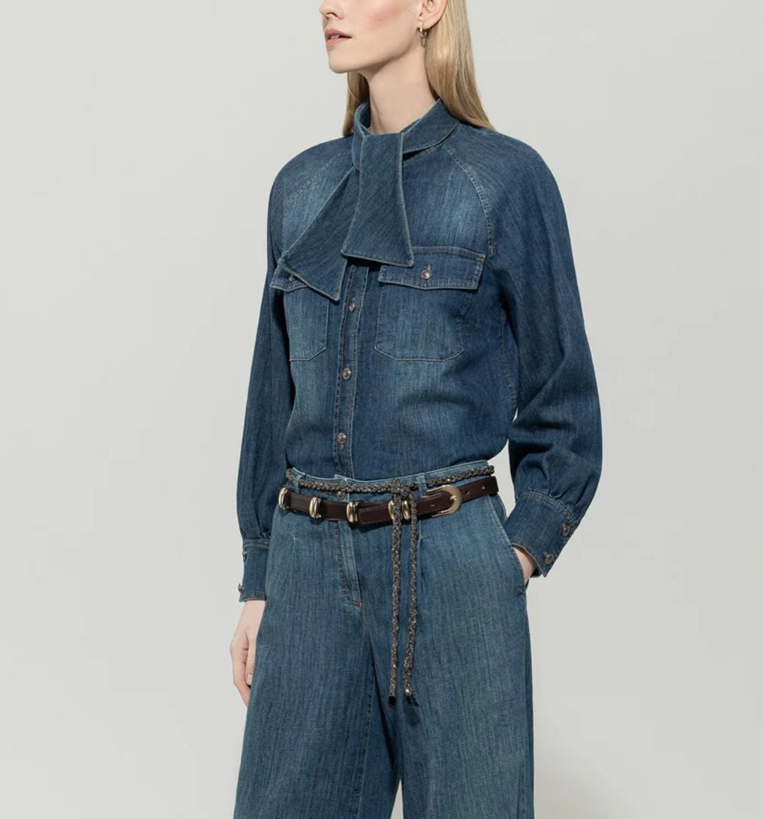 Denim Blouse With A Tie