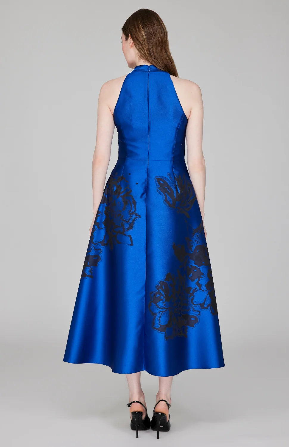 Mi Jong Lee #DL1090ZG-F2 Calligraphic Flora Jacquard High Neck Fit & Flare Dress