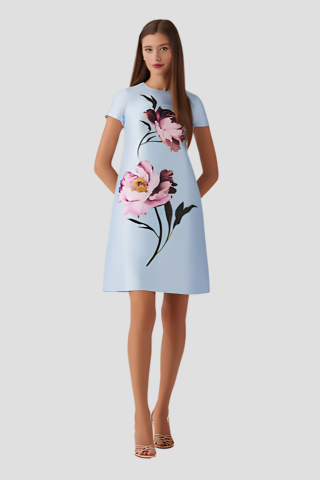 Faille Cap-Sleeve A-Line Dress with Floral Detail