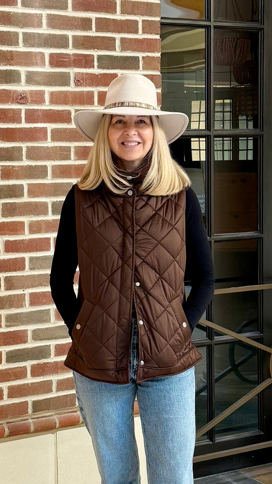 Brielle Quilted Sleveless Funnel Neck Vest in Java