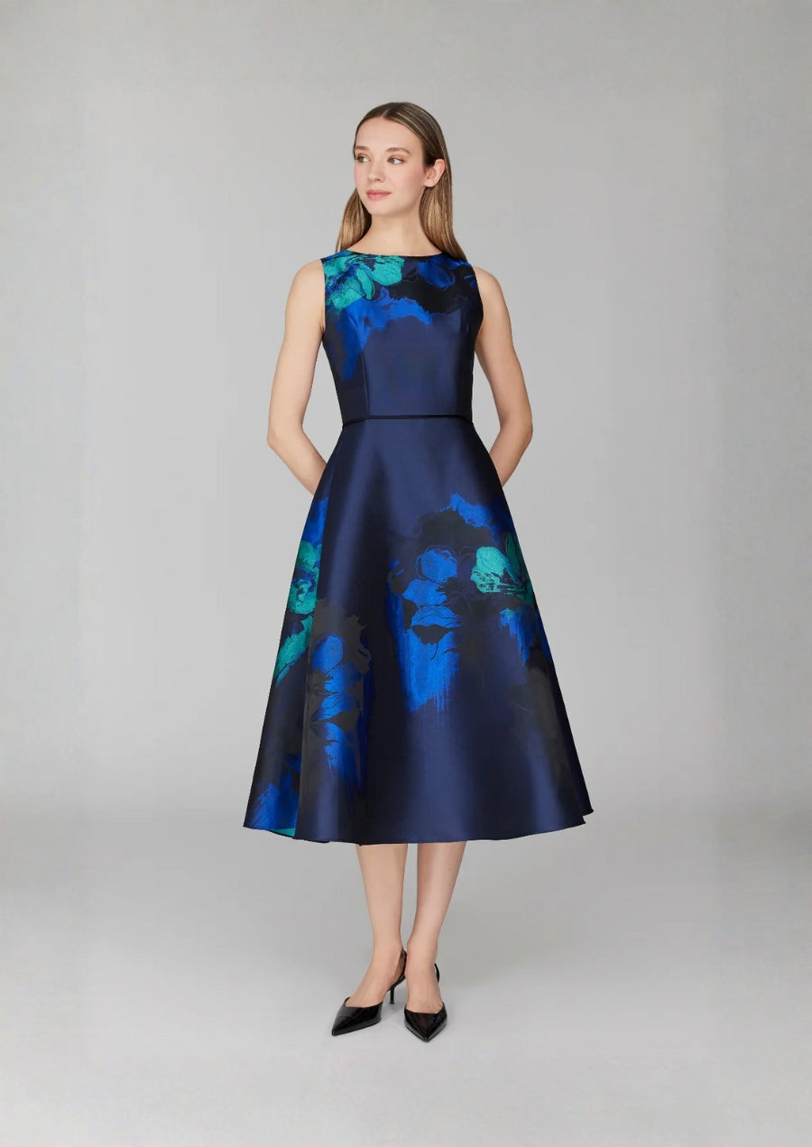 Shadow Rose Jacquard Sleeveless Fit & Flare Dress w/ Bias Trim