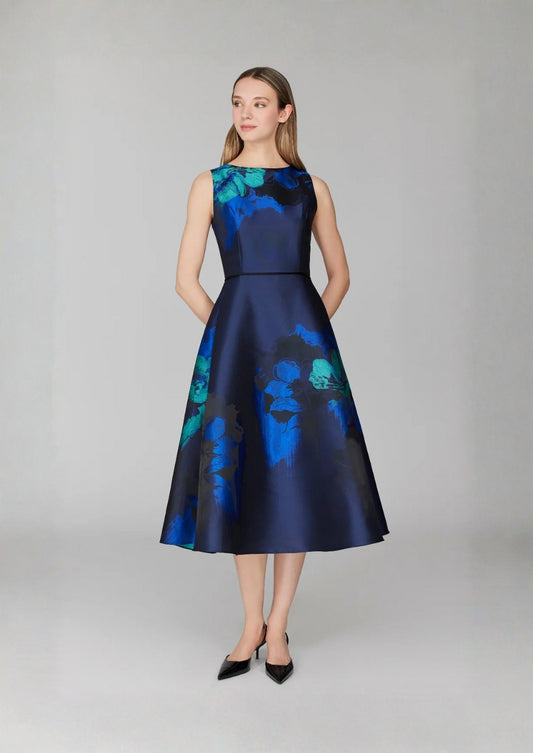 Shadow Rose Jacquard Sleeveless Fit & Flare Dress w/ Bias Trim