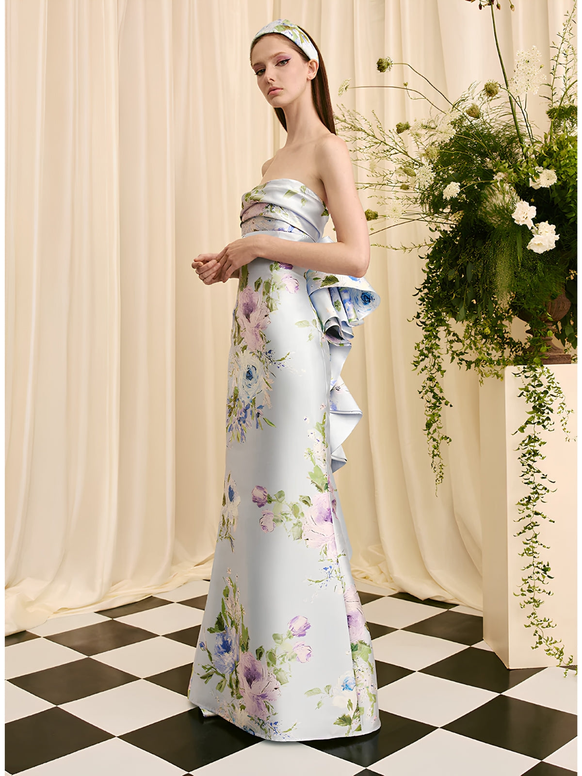 Strapless Blue Floral Gown - 7039