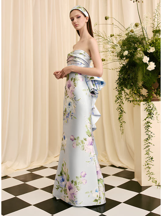 Strapless Blue Floral Gown - 7039