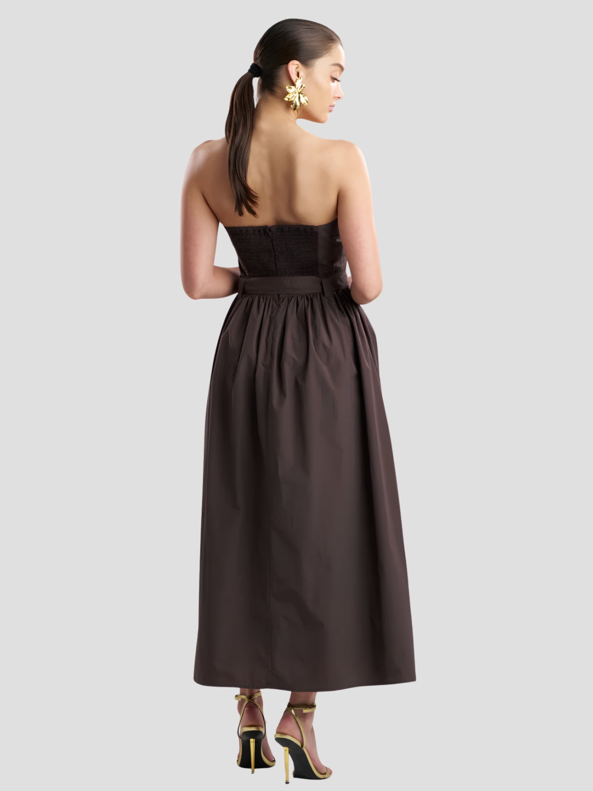 Solid Techno Poplin Strapless Belted Dress