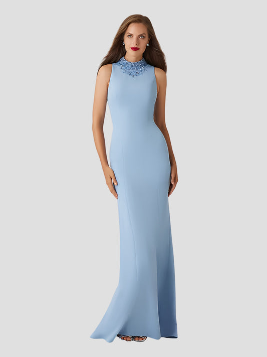 Crepe Beaded Neck Column Gown