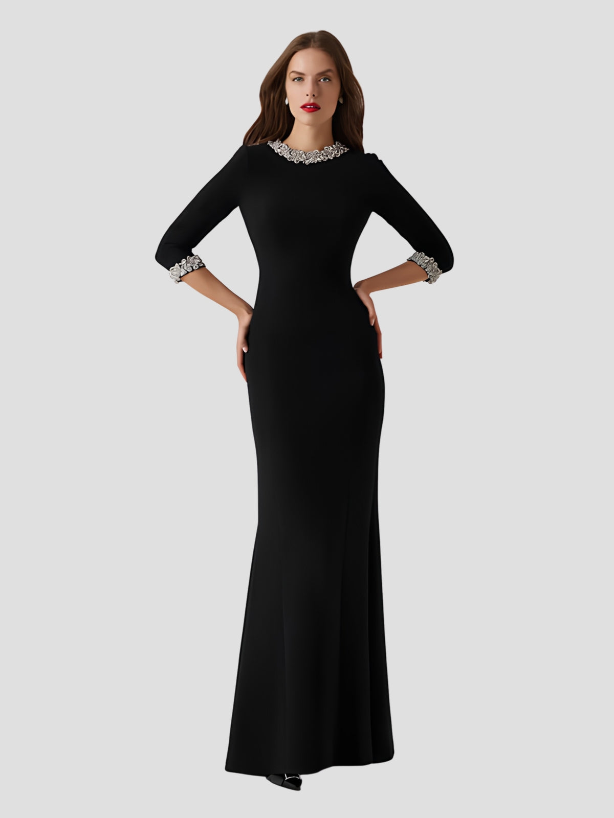 Crepe Elbow Sleeve Jewel Trim Gown