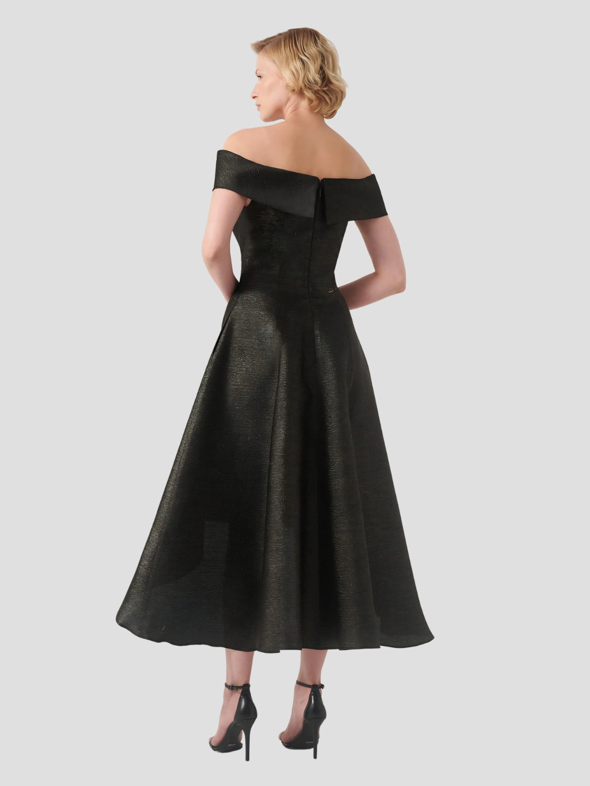 Off-The-Shoulder Applique Detail High Low Brocade Dress