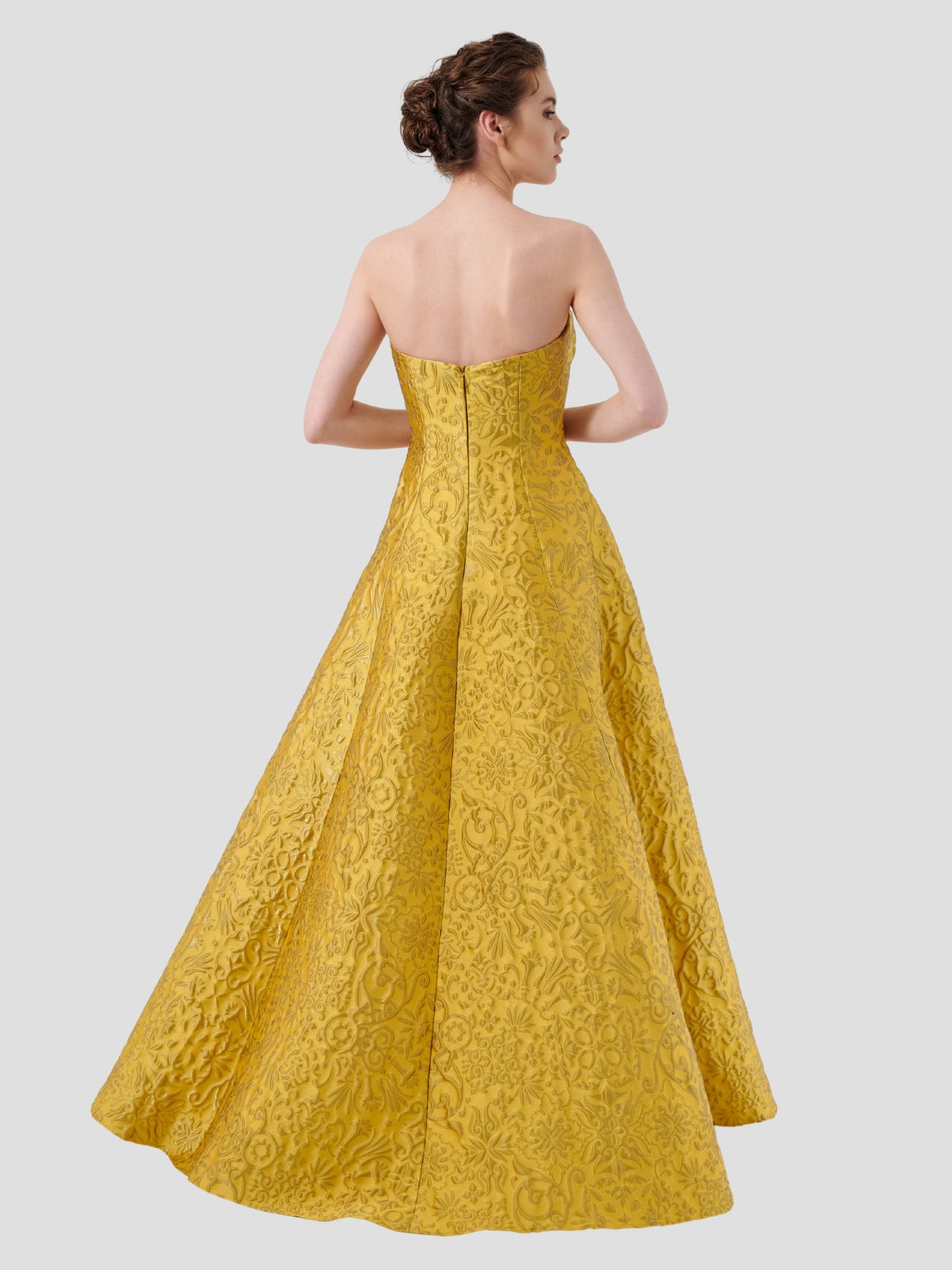 Strapless Textured Floral Print Jacquard Floor-Length Dress