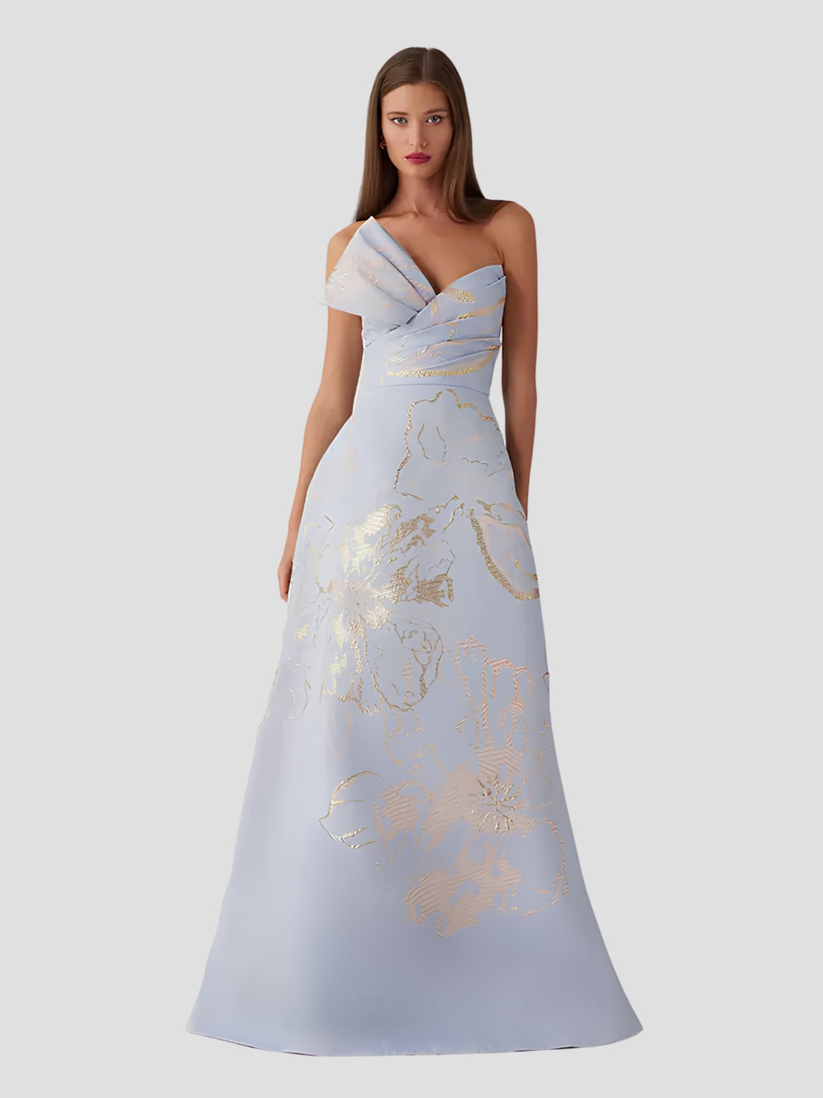 Metallic Jacquard Strapless Side Bow A Line Skirt Gown