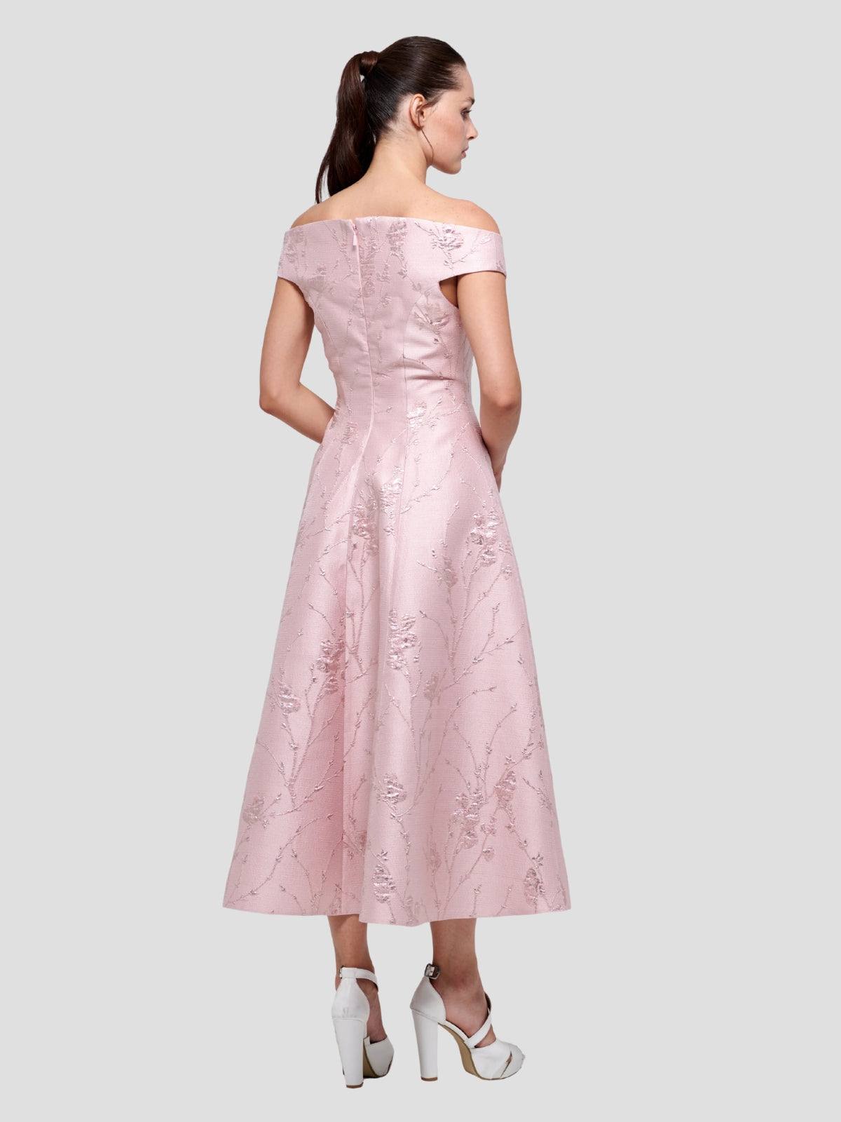 Off the Shoulder Metallic Jacquard Cocktail Dress