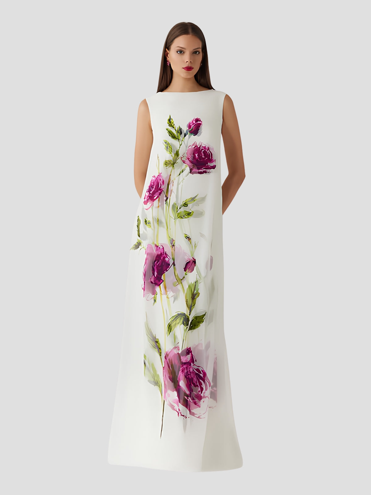 Flower Print Crepe With Chiffon Overlay Gown
