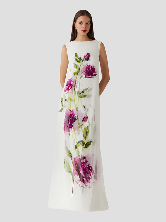 Flower Print Crepe With Chiffon Overlay Gown