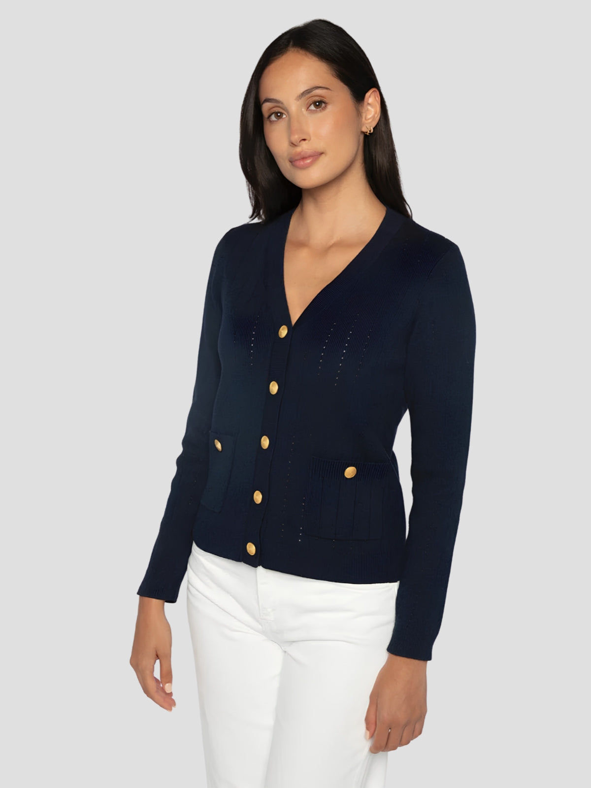 Rib Button Front Vee- Navy