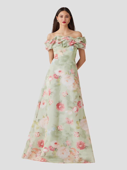 Taffeta Digital Print Scrunch Bodice Gown