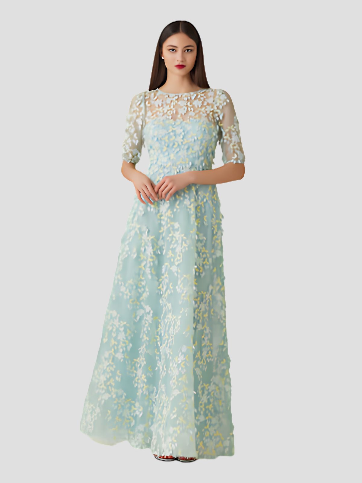 Tulle 3D Petal Elbow Sleeve Gown