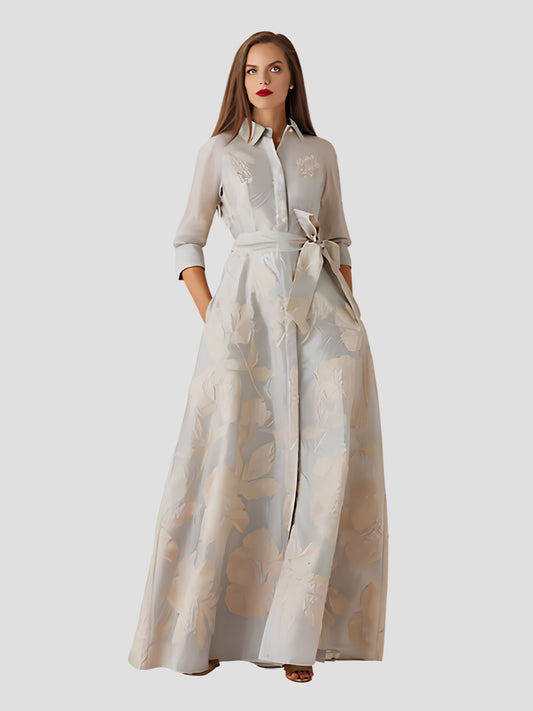 Metallic Floral Jacquard Shirt Waist Gown