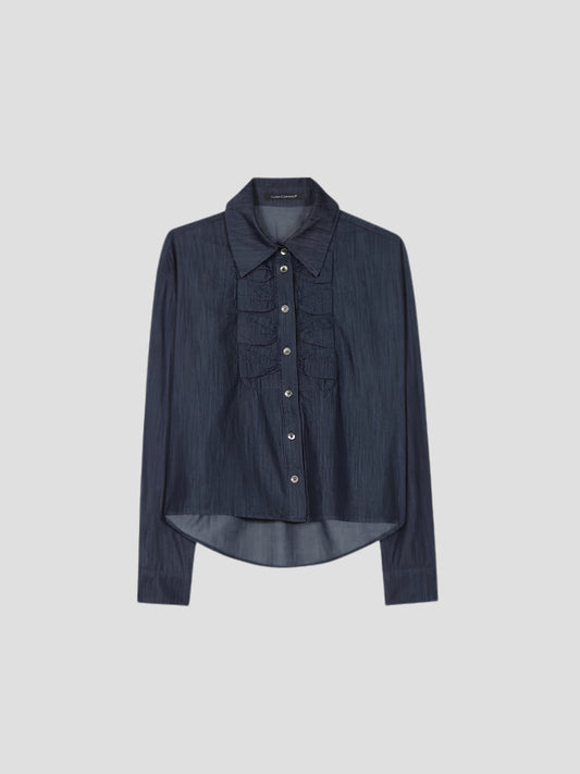 Denim Shirt Blouse with Ruffle