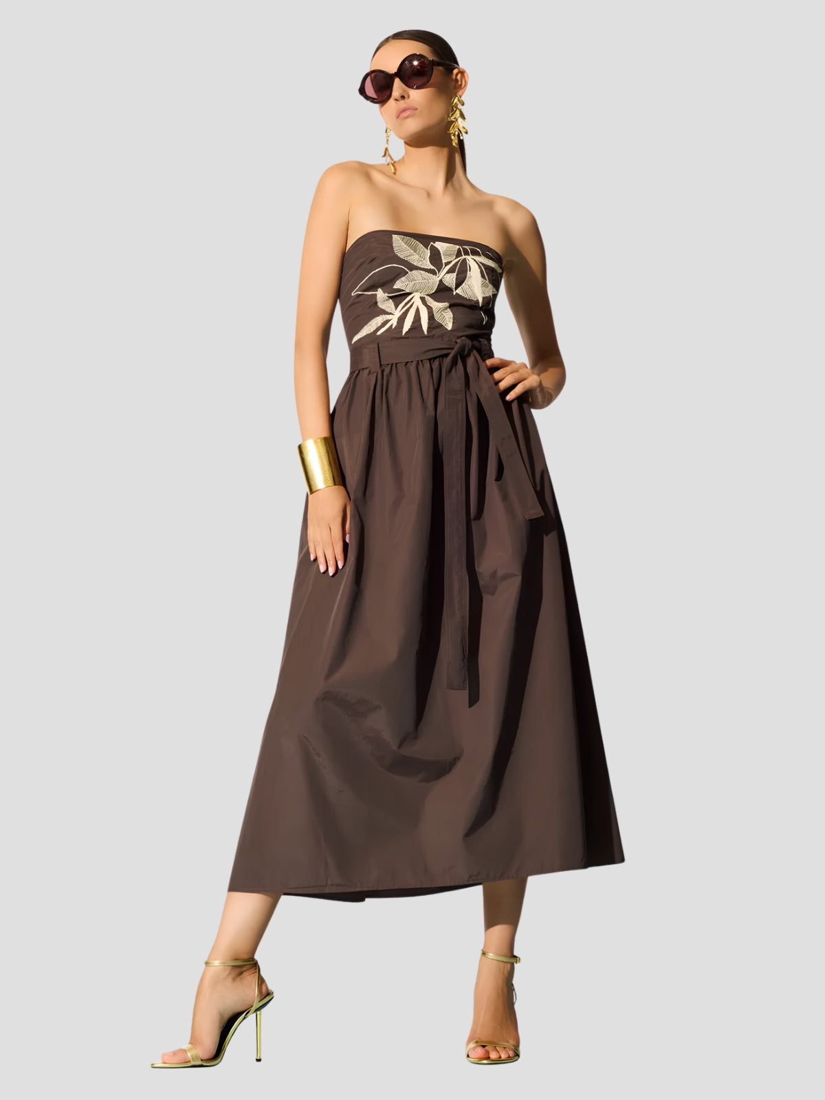 Solid Techno Poplin Strapless Belted Dress