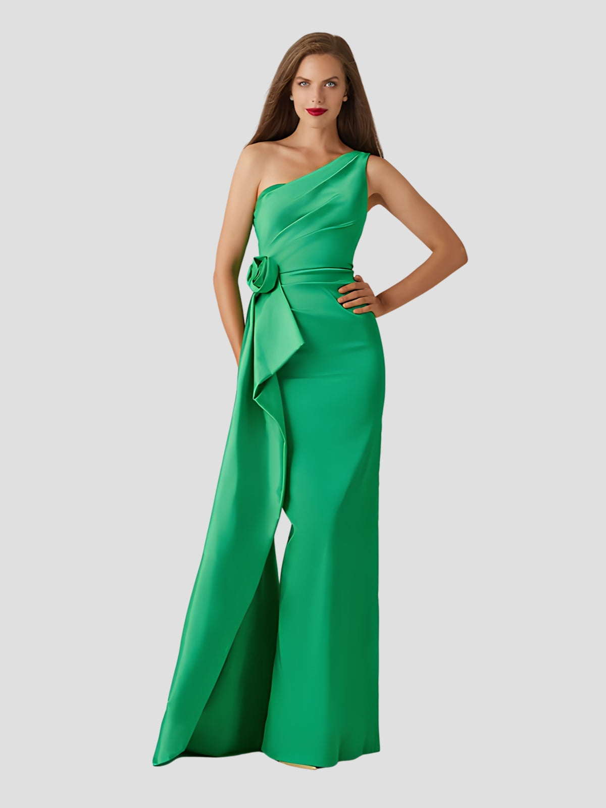 Taffeta One Shoulder Flower Corsage Waist Gown