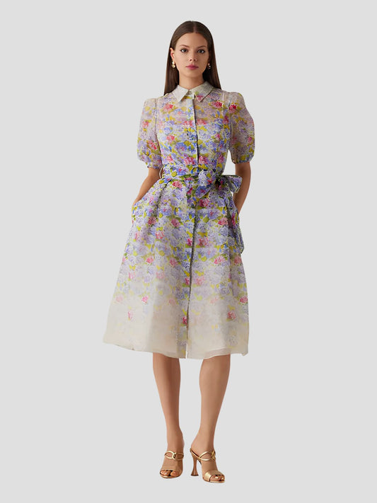 Silk Linen Print Puff Sleeve Shirtwaist Dress