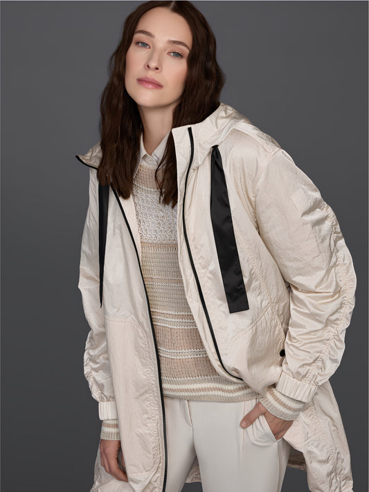Shiny coat with contrasting details