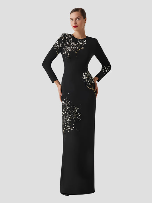 Crepe Floral Pearl Applique Gown