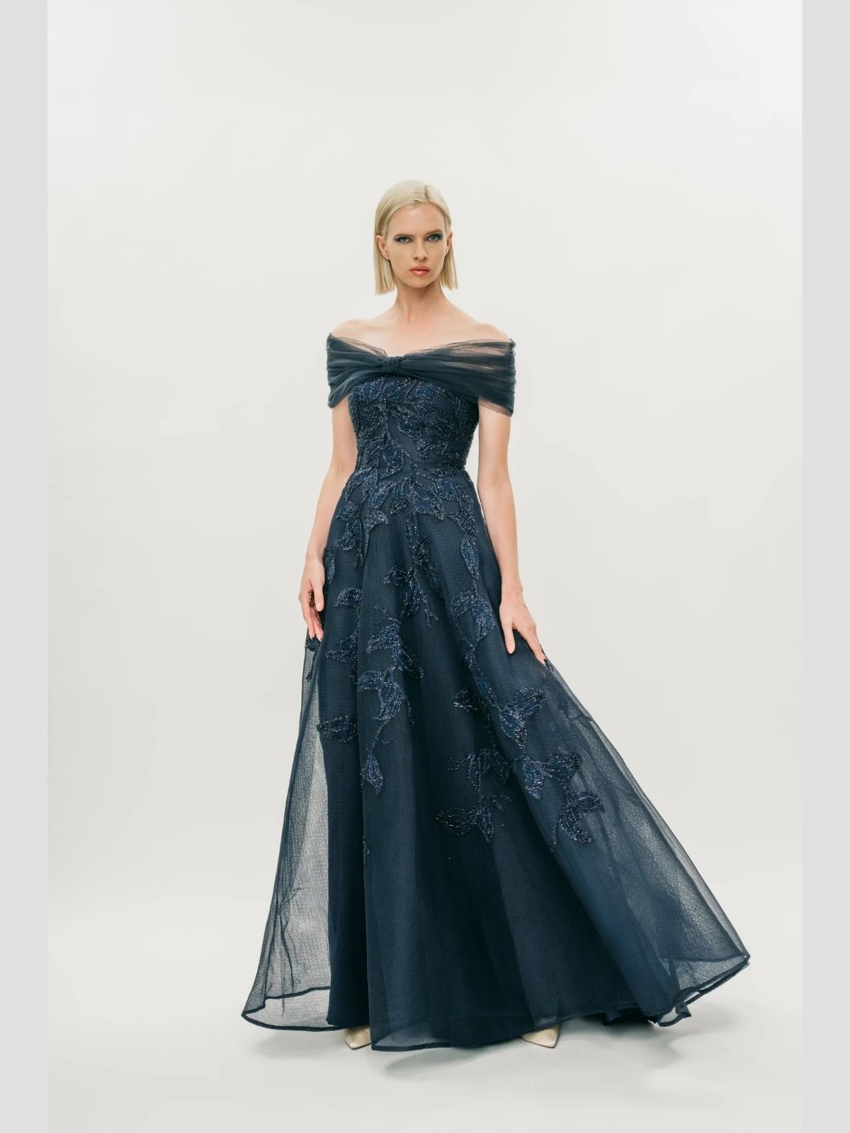 Embroidered Lace Applique Scuba Strapless Gown with Tulle Cover