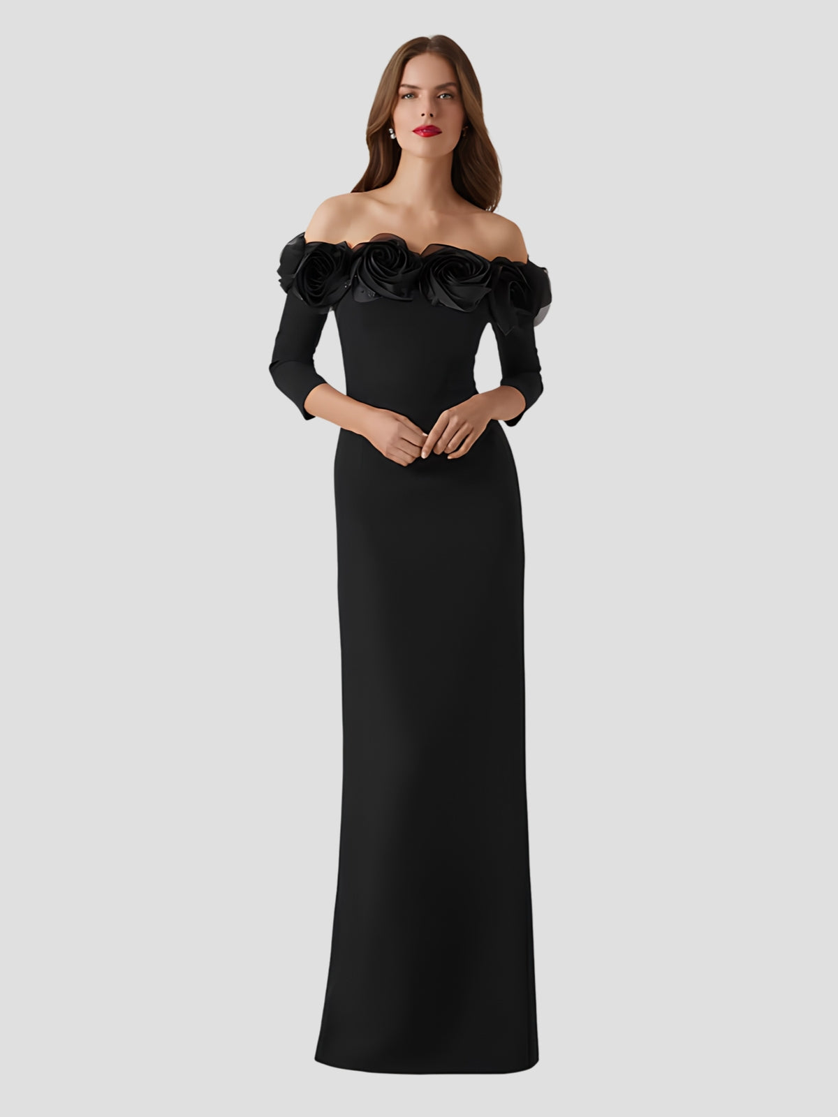 Crepe 3D Flower Off The Shoulder Gown