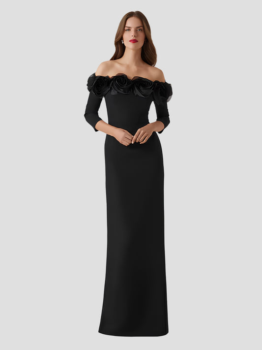 Crepe 3D Flower Off The Shoulder Gown