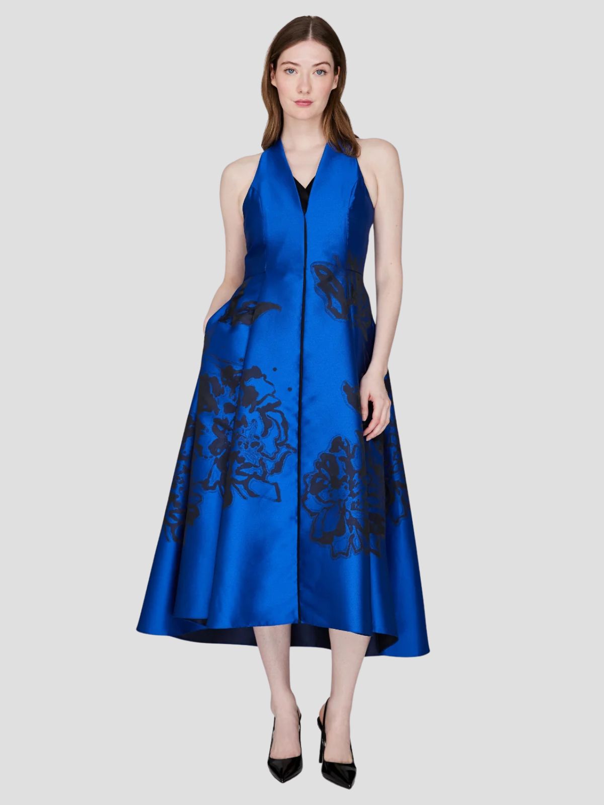 Mi Jong Lee #DL1090ZG-F2 Calligraphic Flora Jacquard High Neck Fit & Flare Dress