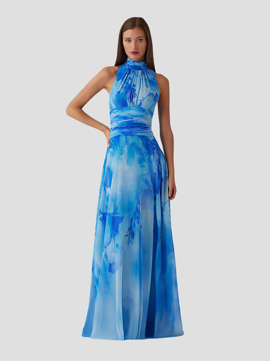 Chiffon Cloud Printed Halter Gown