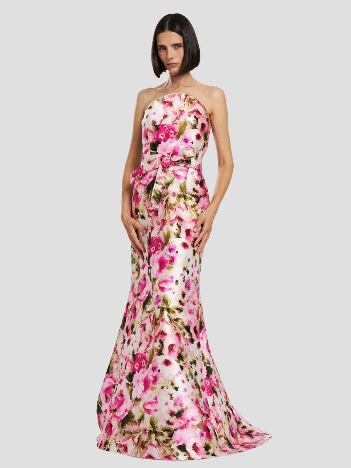 Verdavainne #1742 Pink Watercolor Floral Strapless Satin Twill Gown
