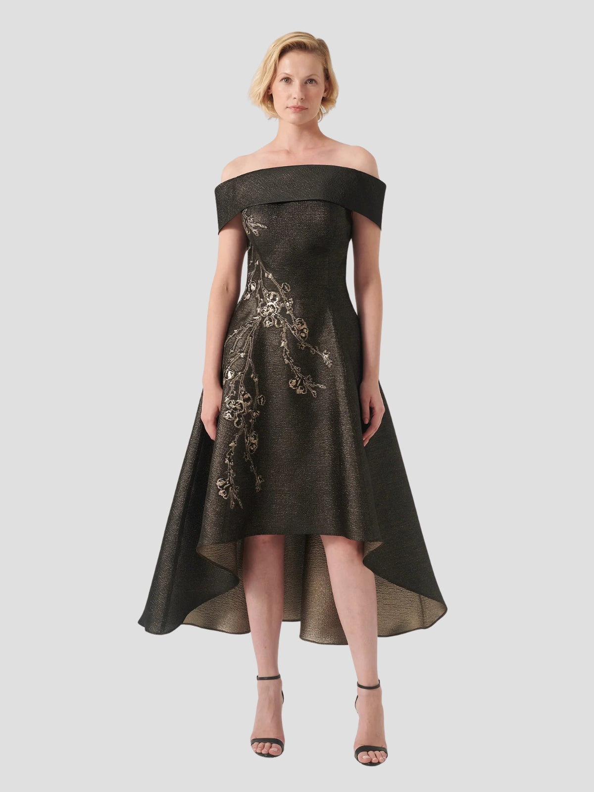 Off-The-Shoulder Applique Detail High Low Brocade Dress