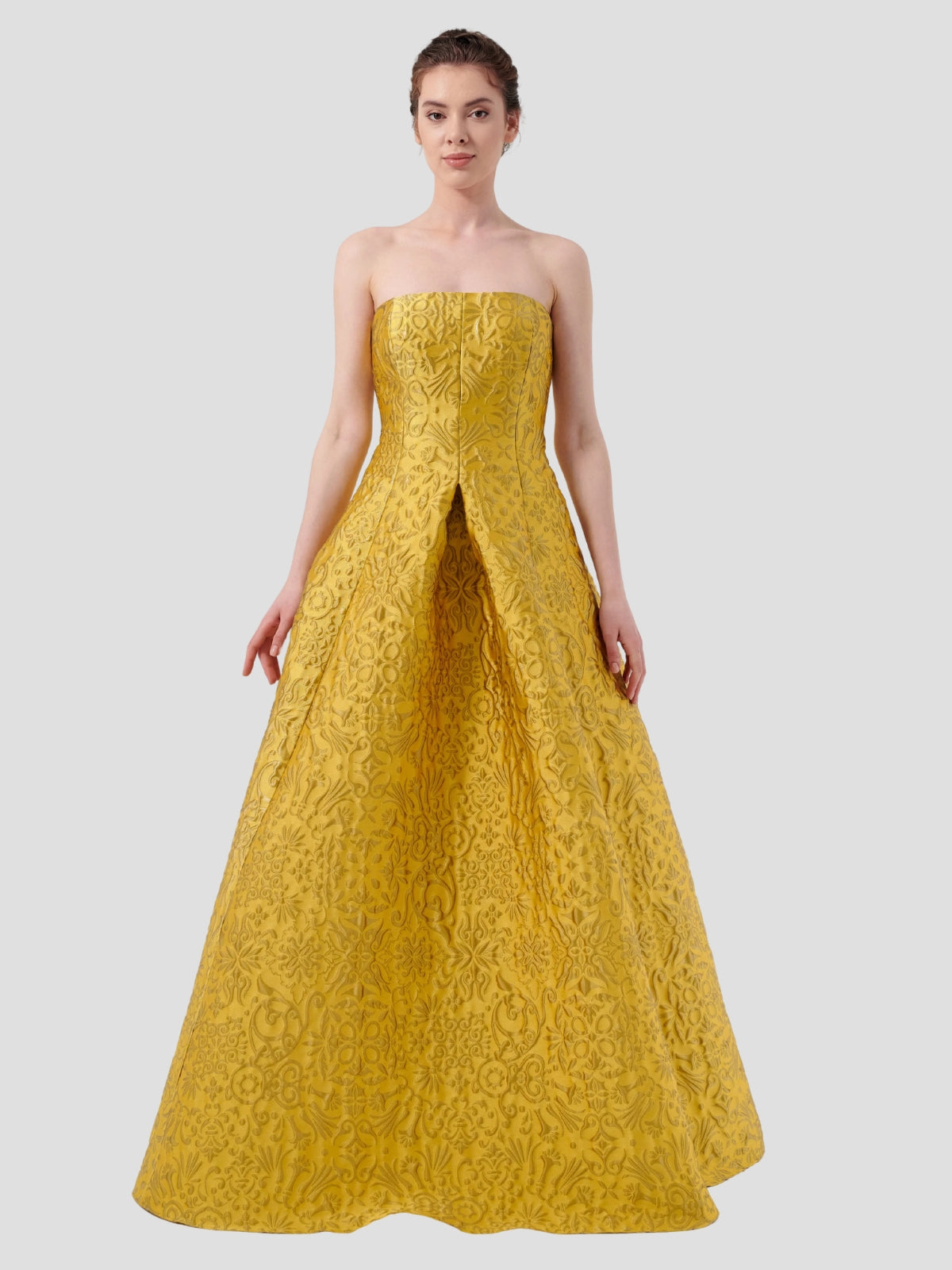 Strapless Textured Floral Print Jacquard Floor-Length Dress