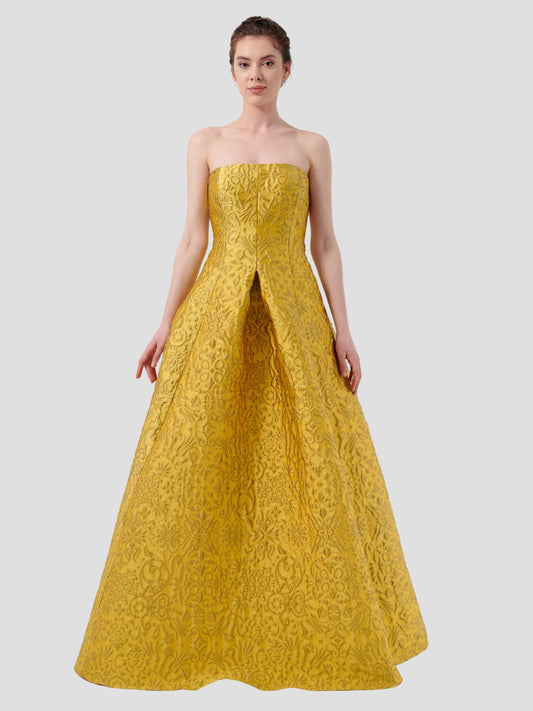 Strapless Textured Floral Print Jacquard Floor-Length Dress