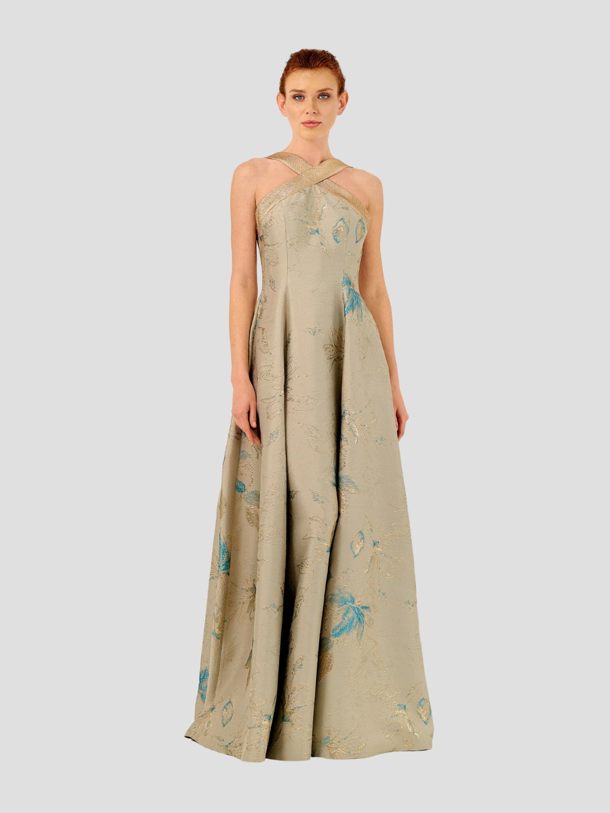 Halter Neckline Fit and Flare Floral Long Gown