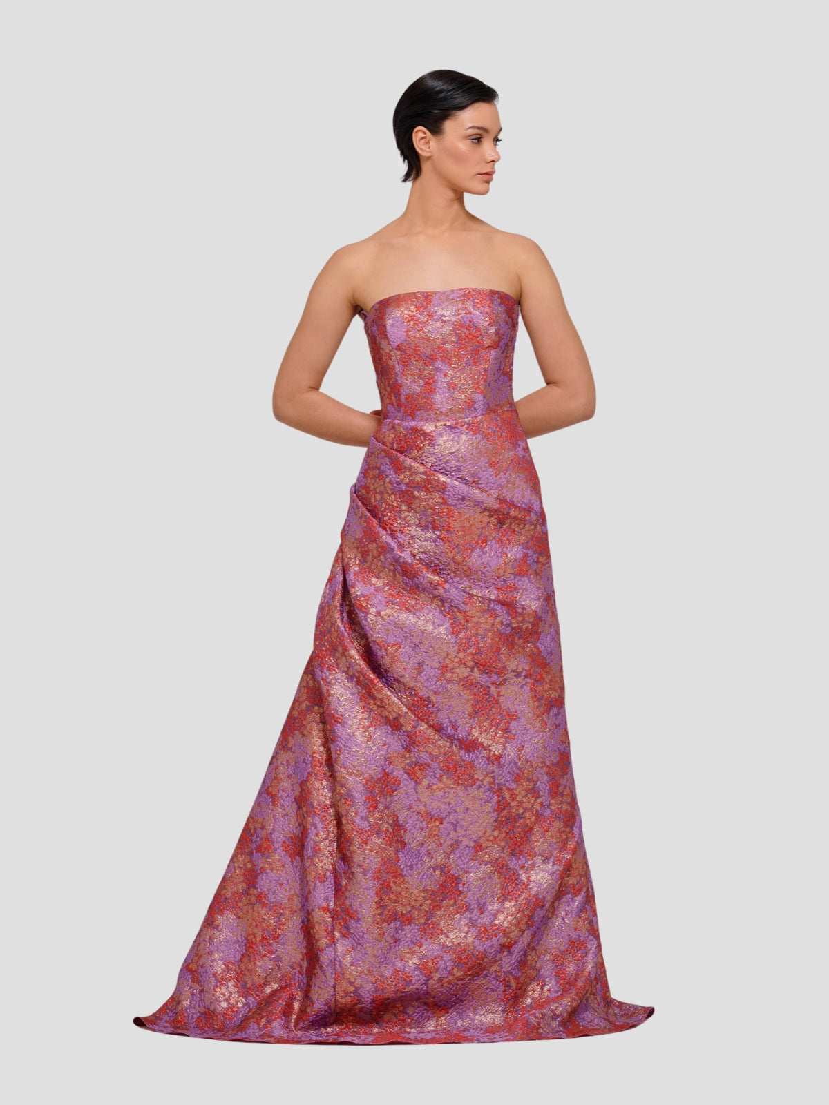 Layered Hem Gown with Metallic Floral Jacquard