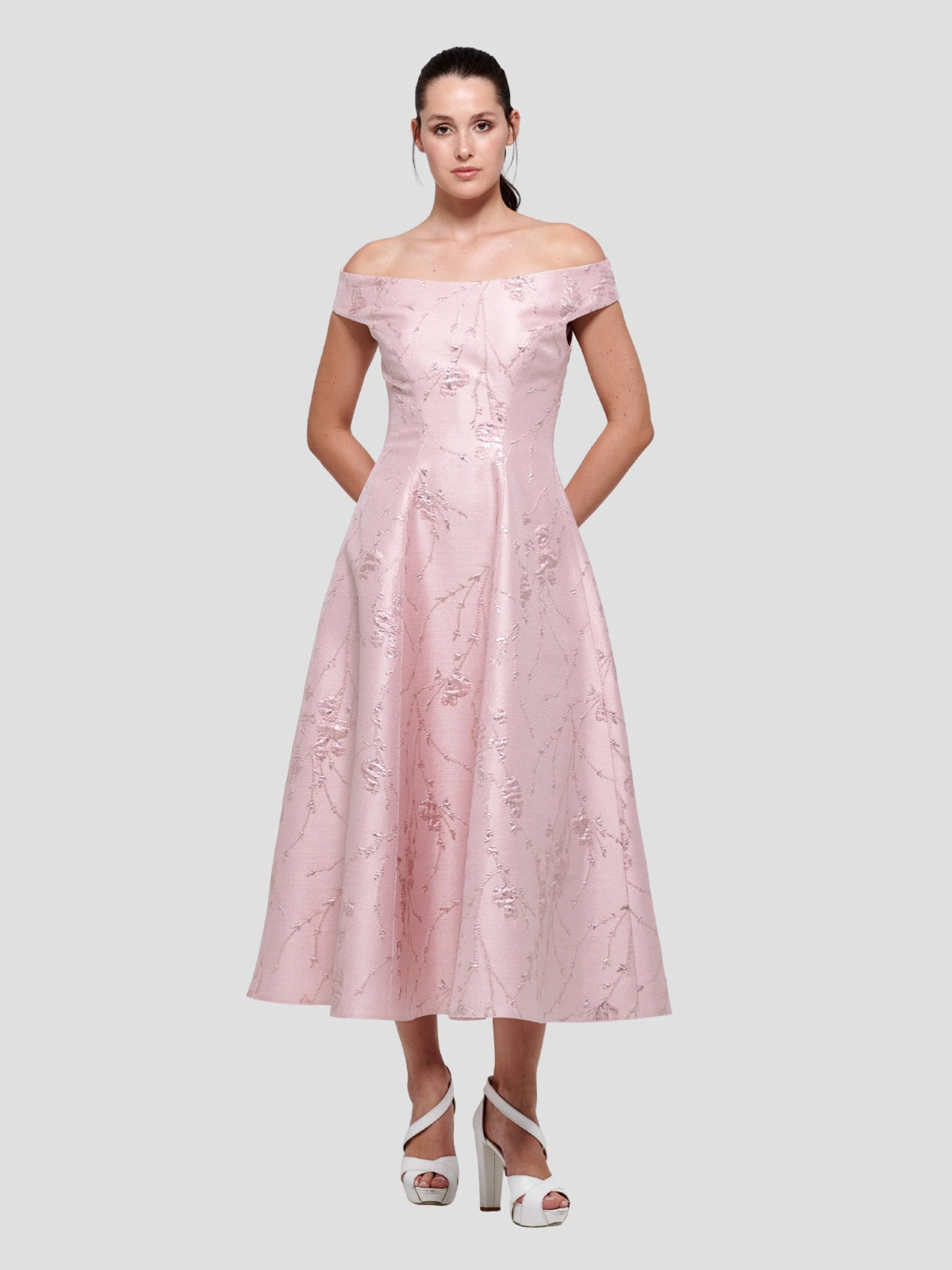 Off the Shoulder Metallic Jacquard Cocktail Dress