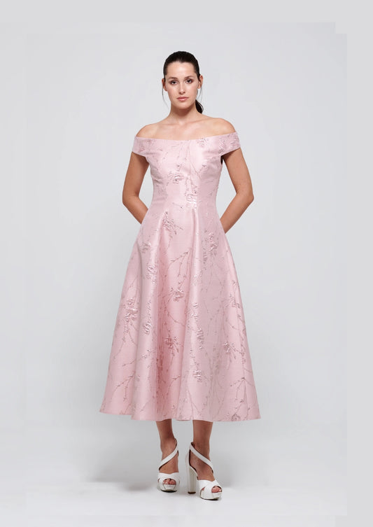 Off the Shoulder Metallic Jacquard Cocktail Dress