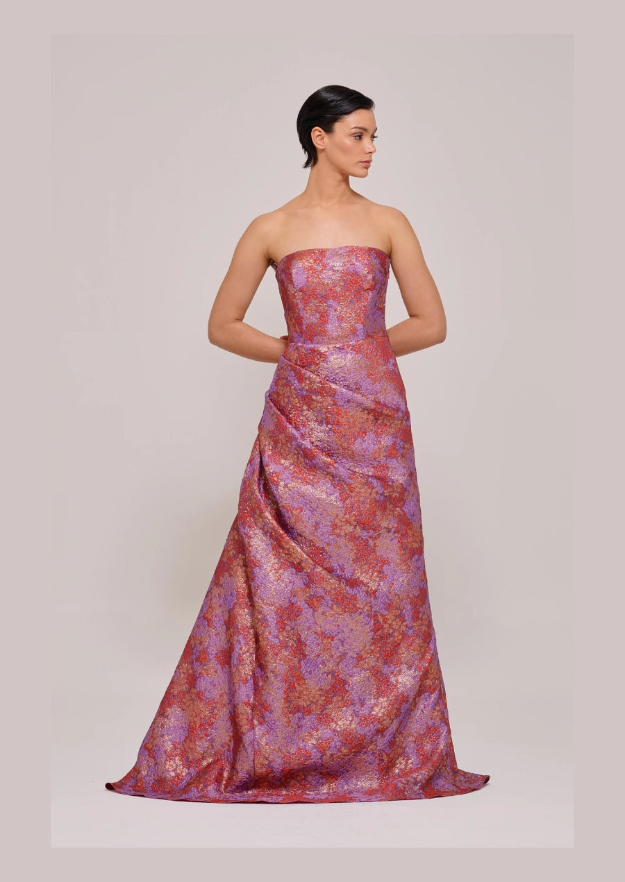 Layered Hem Gown with Metallic Floral Jacquard